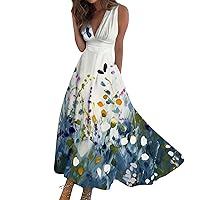 Spring Dresses for Women 2024 Sundress Navy Blue Long Maxi Swing Dress A Line Dress Print Sleeveless V Neck Dress