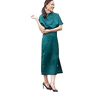 Petite to Regular Women Semi-Open Tie Back Satin Dress Emerald Green