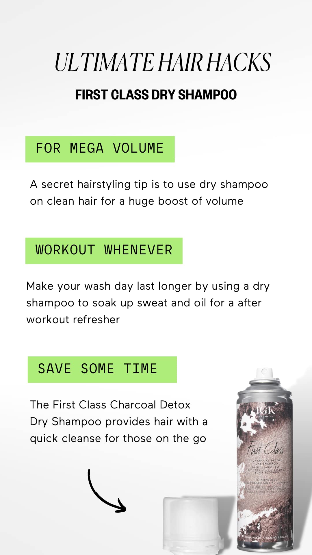 IGK FIRST CLASS Charcoal Detox Dry Shampoo | Volume + Soothes Scalp + Balance Oil | Vegan + Cruelty Free |