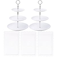 Set of 5 Dessert Stand Set, 2X Small 3 Tiers White Plastic Cupcake Stand Holder & 3X Rectangle Party Serving Trays/Platters for Wedding Birthday Baby Shower Tea Party Buffet (Silver Metal Strut)