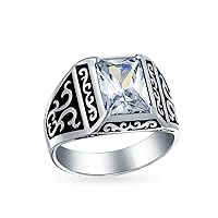 Personalize Unisex Vintage Style Scroll or Cobble Stone Cubic Zirconia CZ Simulated Blue Sapphire Statement Signet Ring For Men Oxidized .925 Sterling Silver Handmade In Turkey