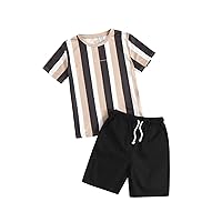 SweatyRocks Boy's Summer Short Clothes Sets Striped Letter Print Round Neck Tee Top and Track Shorts 2 Piece Outfits Black Striped 10Y