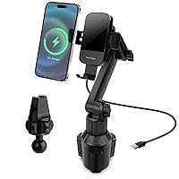 2-in-1 Wireless Car Charger Cup Holder Phone Holder, 15W Fast Charging Auto Clamping Car Charger Car Phone Holder, 13inch Adjustable Long Neck Car Phone Mount, Compatible with All Smartphones