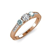 Diamond and Aquamarine Milgrain Work 3 Stone Ring with Side Diamond 0.85 ct tw in 14K Rose Gold