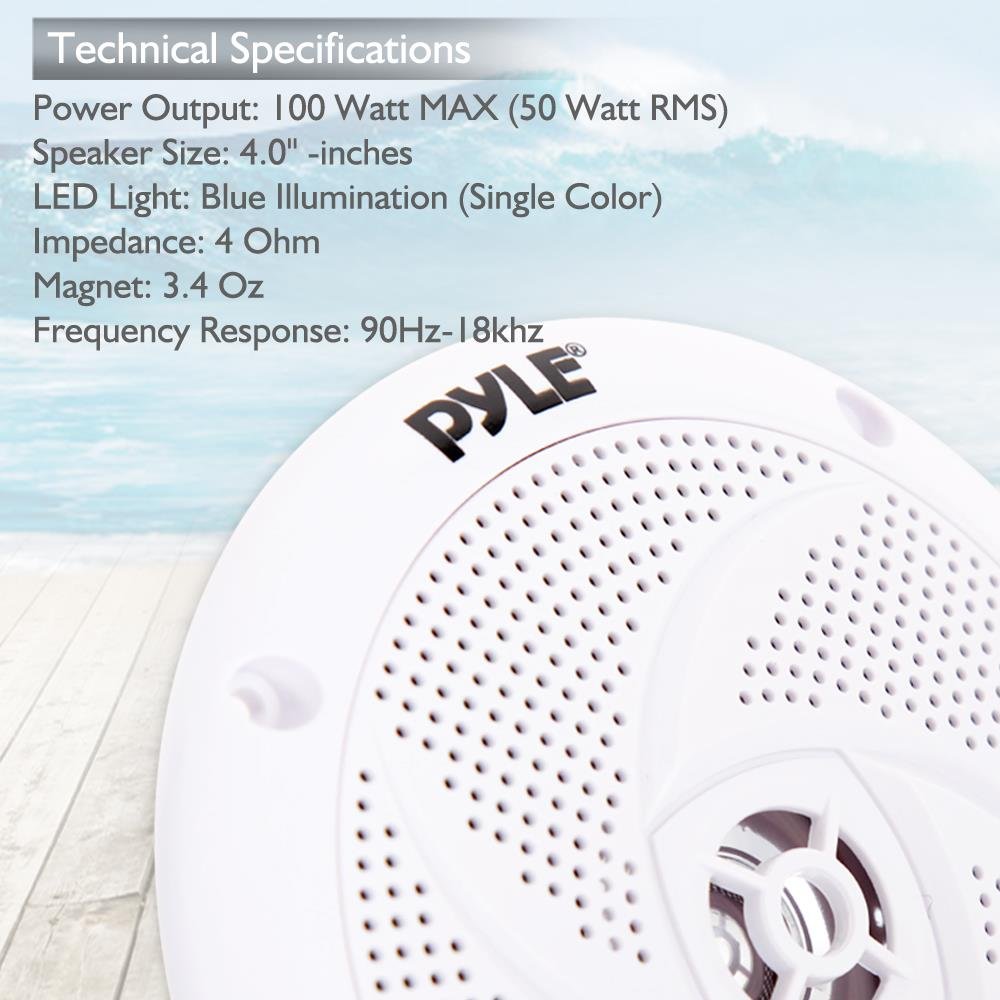 Pyle Low-Profile Waterproof Marine Speakers - 240W 6.5 Inch 2 Way 1 Pair Slim Style Waterproof Weather Resistant Outdoor Audio Stereo Sound System w/ Blue Illuminating LED Lights - Pyle (White)