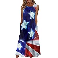 American Flag Dress Women Casual July 4th Patriotic Printed Dresses Round Neck Basic Sleeveless Loose Dresses