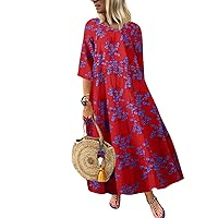 Womens Boho Floral Print Linen Plus Size Maxi Dress Casual Loose Colorful Summer Vacation Dresses