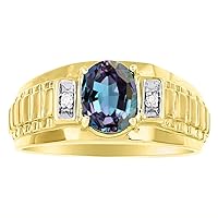 Rylos Mens Simulated Alexandrite & Diamond Ring Sterling Silver or Yellow Gold Plated Band