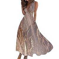 Plus Size Tops for Women Clearance Flowy Dresses for Women Summer Marble Pattern Sexy Pretty Elegant Slim with Sleeveless Deep V Neck Dress Gold Medium