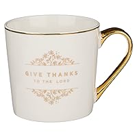 Christian Art Gifts Ceramic Scripture Coffee and Tea Mug for Women 14 oz Creamy White with Gold Handle Inspirational Bible Verse Mug - Give Thanks to the Lord - Psalm 106:1 Lead-free Mug