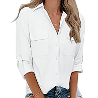 Womens Button Down Long Sleeve Shirts Casual V Neck Cotton Linen Shirt Roll Sleeve Work Blouse Tops with Pockets