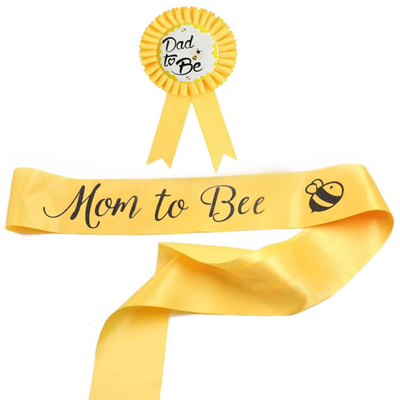 2Packs Baby Shower Decorations Yellow Mom to Bee Sash and Dad to Bee Tinplate Badge with Cute Bee Pattern Baby Welcome Party Gifts