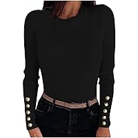 Women's Button Trim Long Sleeve Ribbed Knit Tops Slim Crew Neck Stretch Casual Jumpers Pullover 2023 Fall Sweaters