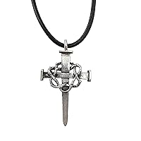 Nail Cross Crown of Thorns Large Mens Pewter Antique Silver Metal Finish Pendant Black Cord Necklace
