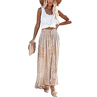 EARKOHA Women's Boho Floral High Waisted Maxi Skirt Summer Tropic Vacation Long Skirts with Slit Apricot Leopard XL
