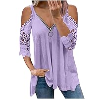 Summer T-Shirts for Women 2024 Lace 3/4 Sleeve Cold Shoulder Tops Loose Solid Color Blouse Casual V Neck Shirts with Zipper