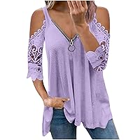 Womens Cold Shoulder Lace 3/4 Sleeve Top Crochet Zip V Neck Shirts Dreesy Casual Blouse Tunic Plus Size M-5XL