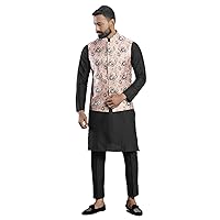 Elina fashion Men's Indian Cotton Kurta Pajama And Printed Nehru Jacket (Waistcoat) Indian Wedding Ethnic Diwali Puja Set