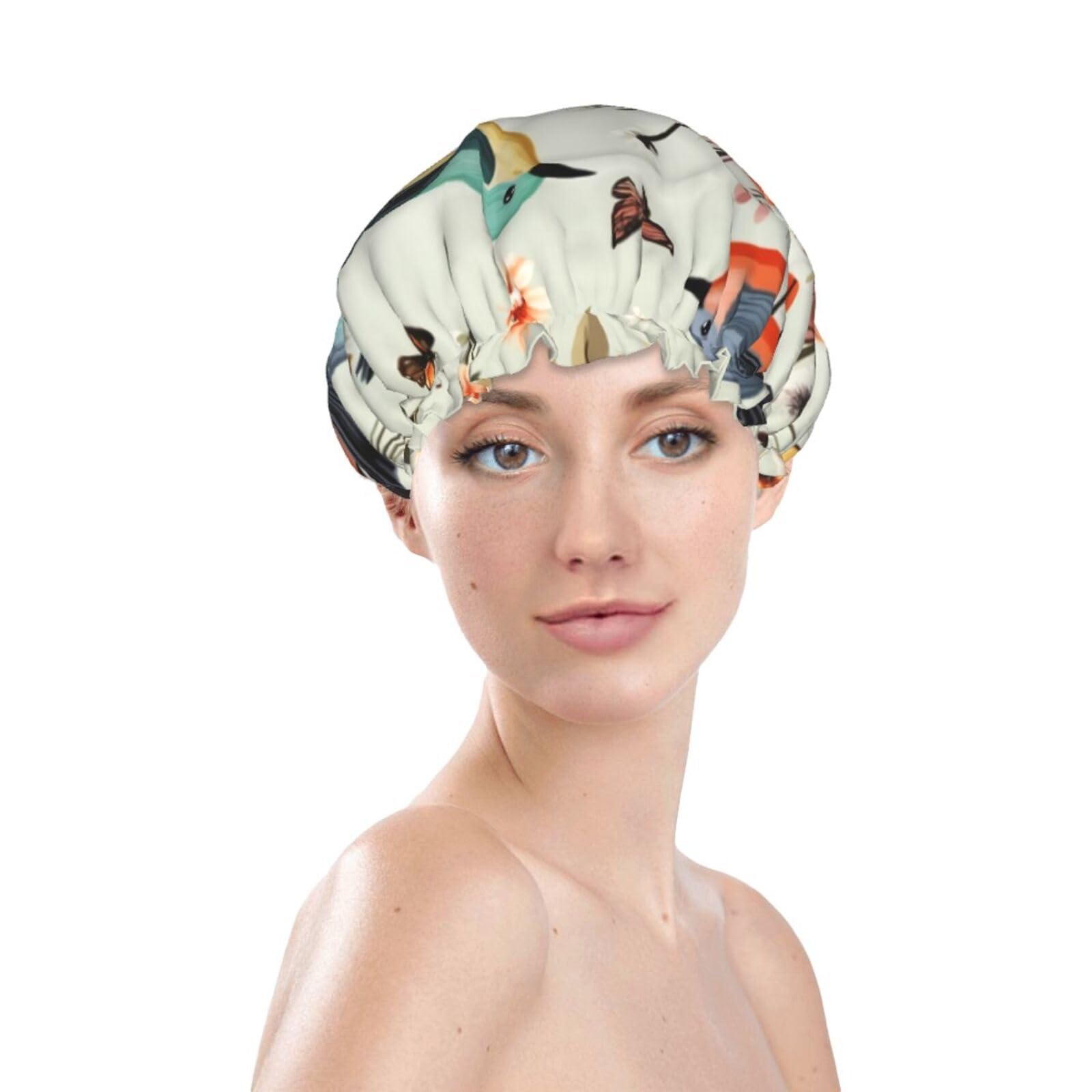 Bird Pattern Printed Shower Cap for Women Waterproof Bath Caps Reusable Double Layered Shower Hat Bathing Shower Caps for Men Ladies Spa Salon
