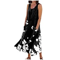 Dresses for Women 2024 Linen Maxi Dress Sleeveless Tank Dress U Neck Simple Flare Dress with Pockets Resort Wear