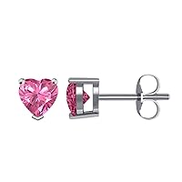 Women's & Girls 4MM TO 8MM Heart Shape Created Pink-Sapphire Solitaire Stud Earrings with 14K White Gold Plated
