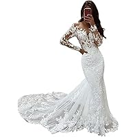 Illusion Lace Beach Mermaid Wedding Dresses for Bride with Long Sleeves Train Bridal Ball Gowns Plus Size