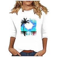 Women's 3/4 Sleeve Tops Summer Ladies Fashion V-Neck Tshirt 2024 Shirt Palm Tree Print Sexy Daily Blouse Casual Tunics