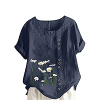 Womens Cotton Linen Blouses Dressy Casual Floral Print Summer Tops Loose Fit Short Sleeve Crew Neck Button Down Tshirts