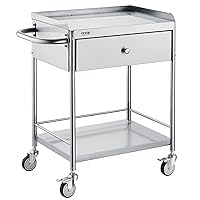 Medical Cart, 2 Layers Stainless Steel Cart 220 lbs Weight Capacity, Lab Utility Cart with 360° Silent Wheels and a Drawer for Lab, Clinic, Kitchen, Salon, Silver