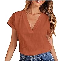 Womens Tshirts Cotton Linen Fashion Relaxed Fit V Neck Shirt Summer Casual Short Sleeve Tops Sexy Elegant Blouses