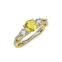 Yellow Sapphire & Natural Diamond (SI2-I1,G-H) Three Stone Engagement Ring 1.55 ctw 14K Yellow Gold