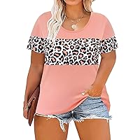 RITERA Plus Size Tops for Women Colorblock Leopard Print Cheetah Shirt Casual Loose Summer Short Sleeve Shirts Animal Print Tunic 3XL Spring Pink 22W 24W