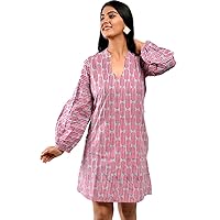 Women Hand Block Printed V Neck Mini 100% Cotton Dress (Pink-Grey)