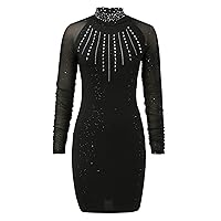 XJYIOEWT Womens Jackets Dressy Casual,Women's High Neck Sparkly Knit Mesh Long Sleeve Homecoming Short Dress Party Dress