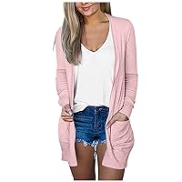 Women's Open Front Lightweight Knit Kimono Cardigans Solid Color/Tie Dye/Floral/Plaid Printed Boho Boyfriend Casual Long Sleeve Sweater Outwear Coat with Pockets(A Pink 5XL)