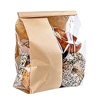 Restaurantware Bag Tek 9.8 x 3.9 x 14.8 Inch Kraft Tin Tie Bags With Windows 100 Resealable Bakery Bags With Windows - Flat Bottom For Cookies or Coffee Beans Paper Tin Tie Bags