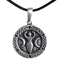 Lunar Deity Selene Artemis Moon Goddess Celtic Magic Pagan Wicca Wiccan Jewelry Silver Pewter Pendant Necklace Wealth Lucky Charm Protection Amulet Safe Travel Talisman Good Luck w Black Leather Cord