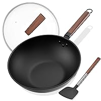 Carbon Steel Wok - Including Glass Cover and Silicone Spatula, 13-Inch Woks & Stir-Fry Pans for Induction, Electric, Gas Stoves