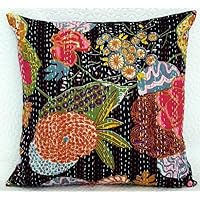 Kantha Cushion Cover Decorative Pillow Cover Handmade Kantha Cushion 16x16 Pillow Cover Ethnic case Cover Indian Cushions Cover (Black)