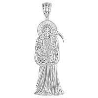 Sterling Silver Cubic Zirconia Santa Muerte Pendant Rhodium Finished, Small to Very Large Size