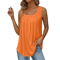 Women's Tank Tops 2024 Summer Square Neck Sleeveless Casual Blouse Solid/Print Pleated Loose Fit Shirts