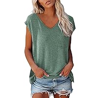 Womens Tops Casual Cap Sleeve V Neck Summer Tops Loose Fit Washed Solid Color Blouse Basic Tees Clothes