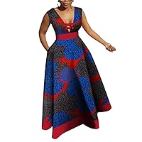 African Dresses for Women Dashiki Patchwork Wax Print Evening Long V-Neck Dresses