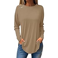 Women's Casual Spring Tops Long Sleeve Tunic Tops Solid Gym Shirts Loose Fit Blouses Round Neck Workout Tshirts Tees, Long Sleeve Shirts for Women, Women's Tunic Shirts for Leggings