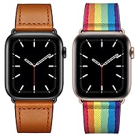 KYISGOS Compatible with Apple Watch Genuine Leather Band 49mm 45mm 44mm 42mm Brown & Rainbow
