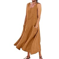 Linen Summer Dress Linen Dresses for Women 2024 Solid Color Classic Casual Loose Fit with Sleeveless U Neck Pockets Dress Ginger Medium