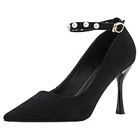 Women Pointed Toe Pumps Heel with Ankle Strap Formal Dress Pearls Dotted Charming High Heels