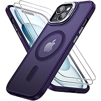 Shockproof for iPhone 15 Case, with Stand add 2 Screen Protector [Military-Grade Drop Tested] [Compatible with MagSafe] Translucent Slim Anti-Scratch Anti-Fingerprin,Matte Purple