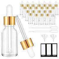 PrettyCare Eye Dropper Bottle 0.5 oz (24 Pack Clear Glass Bottles 15ml with Golden Caps, 2 Extra Measured Pipettes, 48 Labels, 2 Funnels) Empty Tincture Bottles for Essential Oils
