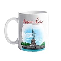 NYC Skyline Lover Travel Mug, Personalized Add Name New York City Pattern White Coffee Mug, Pride Statue of Liberty American Coffee Cup Gift for Birthday Christmas, Custom New York City Accent Cups